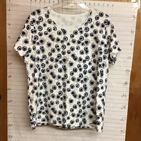 KIM ROGERS women’s crew neck short sleeve top sz L  circle print, blue and whit3 - Picture 1 of 5